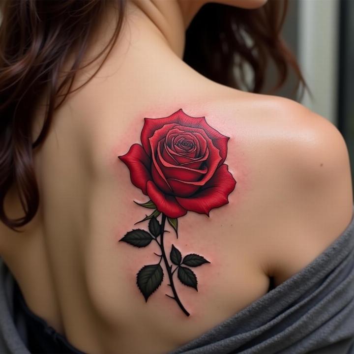 Một hình xăm hoa hồng vĩnh cửu đỏ trên vai, biểu tượng của tình yêu страсть mãnh liệt và trường tồn.