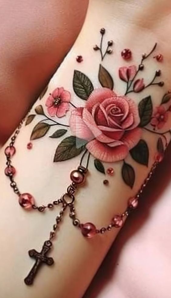 Hình xăm hoa hồng cho nữ nghệ thuật Hình xăm hoa hồng và dây chuyền trên tay, phong cách màu sắc, chi tiết cao, ảnh HD.
