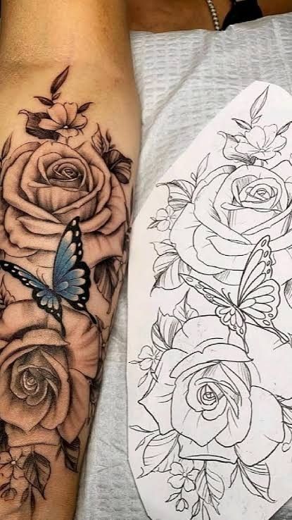 Hình xăm hoa hồng và bướm trên cánh tay, phong cách blackwork, chi tiết, ảnh HD.