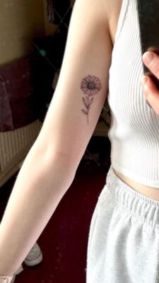 hình xăm hoa hướng dương mảnh mai Hình xăm hoa mini trên cánh tay, phong cách blackwork, chi tiết rõ nét, ảnh HD.