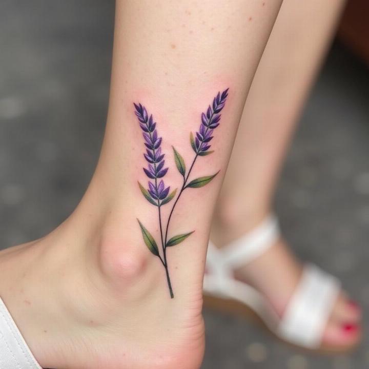 Hình xăm hoa lavender bất tử trên cổ chân, biểu trưng cho sự thanh bình và thư thái.