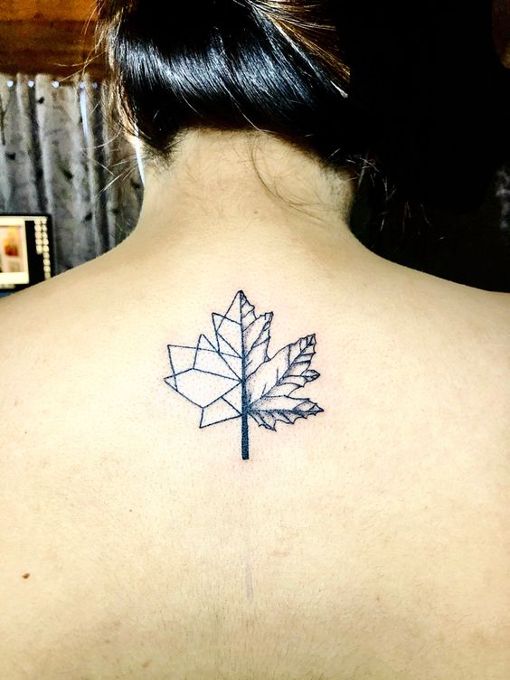 hình xăm kết hợp lá phong và hình học Hình xăm lá phong trên lưng, phong cách blackwork, chi tiết đơn giản, ảnh HD.