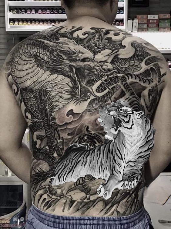 hình xăm kín lưng rồng và hổ Hình xăm rồng và hổ trên lưng, phong cách blackwork chi tiết, độ phân giải HD.