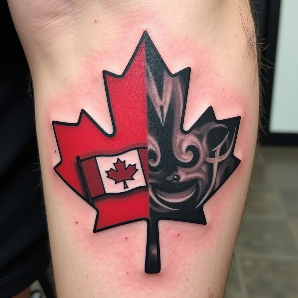 Hình xăm lá phong Canada trên đùi, phong cách màu sắc và đen trắng, độ chi tiết cao, ảnh HD.