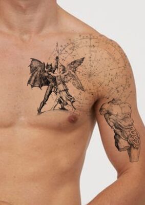 Hình xăm thiên thần và quỷ trên vai, phong cách blackwork chi tiết, độ phân giải HD.