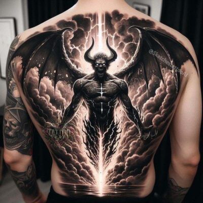 Hình xăm quỷ trên lưng phong cách blackwork chi tiết, độ phân giải cao.
