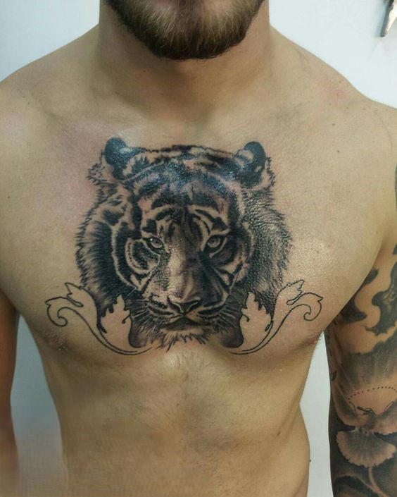 Hình xăm đầu hổ trên ngực, phong cách blackwork, chi tiết sắc nét, độ phân giải HD.