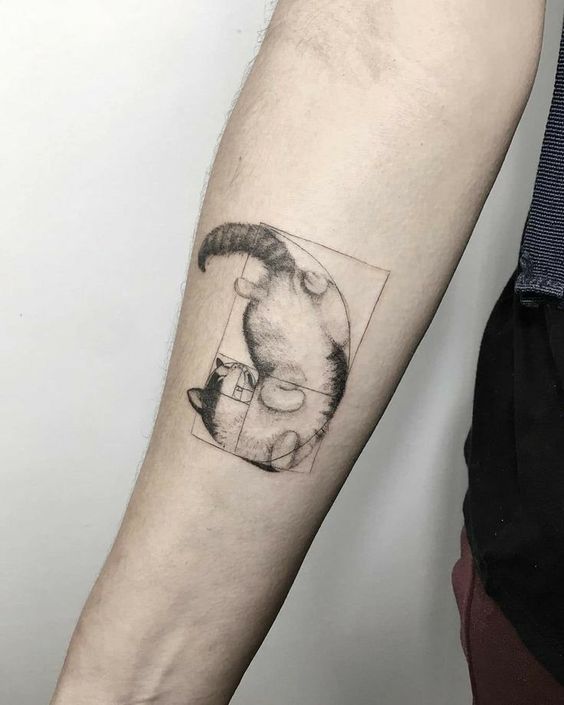 Hình xăm mèo mini trên cánh tay, phong cách blackwork chi tiết, ảnh chất lượng HD.