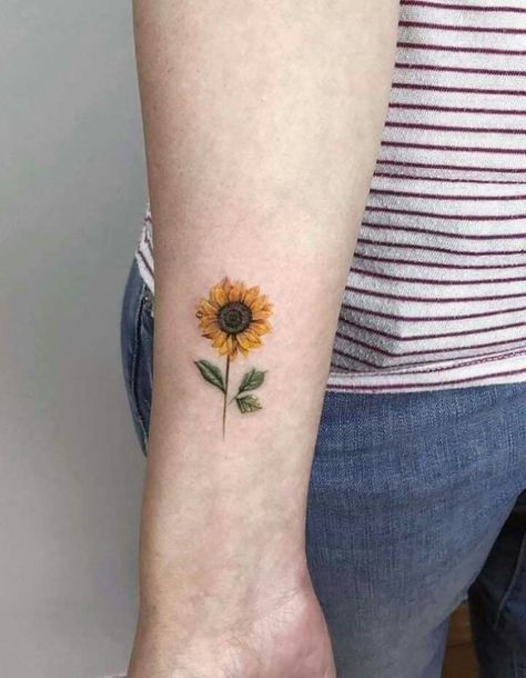 Tattoo hoa hướng dương mini độc đáo cho nữ Hình xăm hoa hướng dương mini trên cẳng tay, phong cách màu sắc, chi tiết cao, ảnh HD.