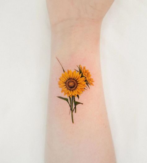 Tattoo hoa hướng dương mini sắc nét Hình xăm hoa hướng dương trên tay, phong cách màu sắc, chi tiết tinh tế, ảnh độ phân giải cao.