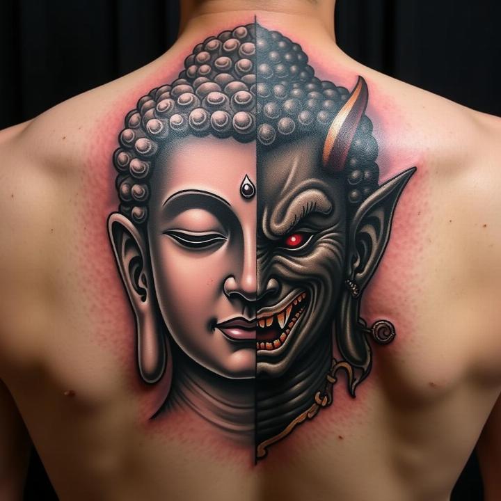 Hình xăm nửa phật nửa quỷ biểu tượng cho sự cân bằng âm dương và đấu tranh nội tâm