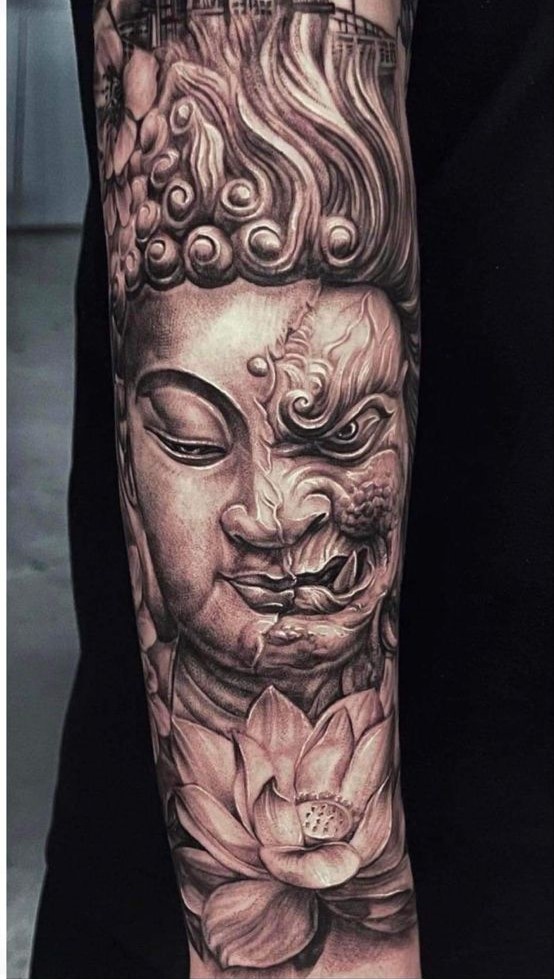 hình xăm phật quỷ chân thực Hình xăm Phật và rồng chi tiết, phong cách blackwork trên cánh tay, độ phân giải HD.