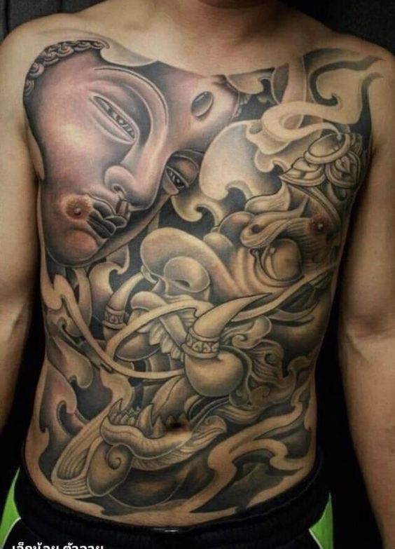 Hình xăm Phật quỷ kín bụng và ngực Hình xăm Phật trên ngực phong cách blackwork chi tiết, ảnh chất lượng cao.