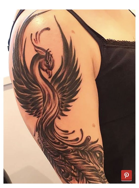 Hình xăm phượng hoàng đơn sắc đơn giản Hình xăm phượng hoàng trên cánh tay theo phong cách blackwork, chi tiết rõ nét, ảnh độ phân giải HD.