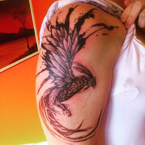 Hình xăm phượng hoàng độc đáo của khách Hình xăm phượng hoàng trên vai, phong cách blackwork, chi tiết tinh xảo, ảnh HD.