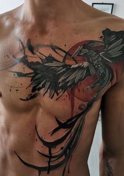 Hình xăm phượng hoàng và mặt trời phong cách thủy mặc Hình xăm chim trên ngực phong cách màu nước, chi tiết cao, ảnh HD.