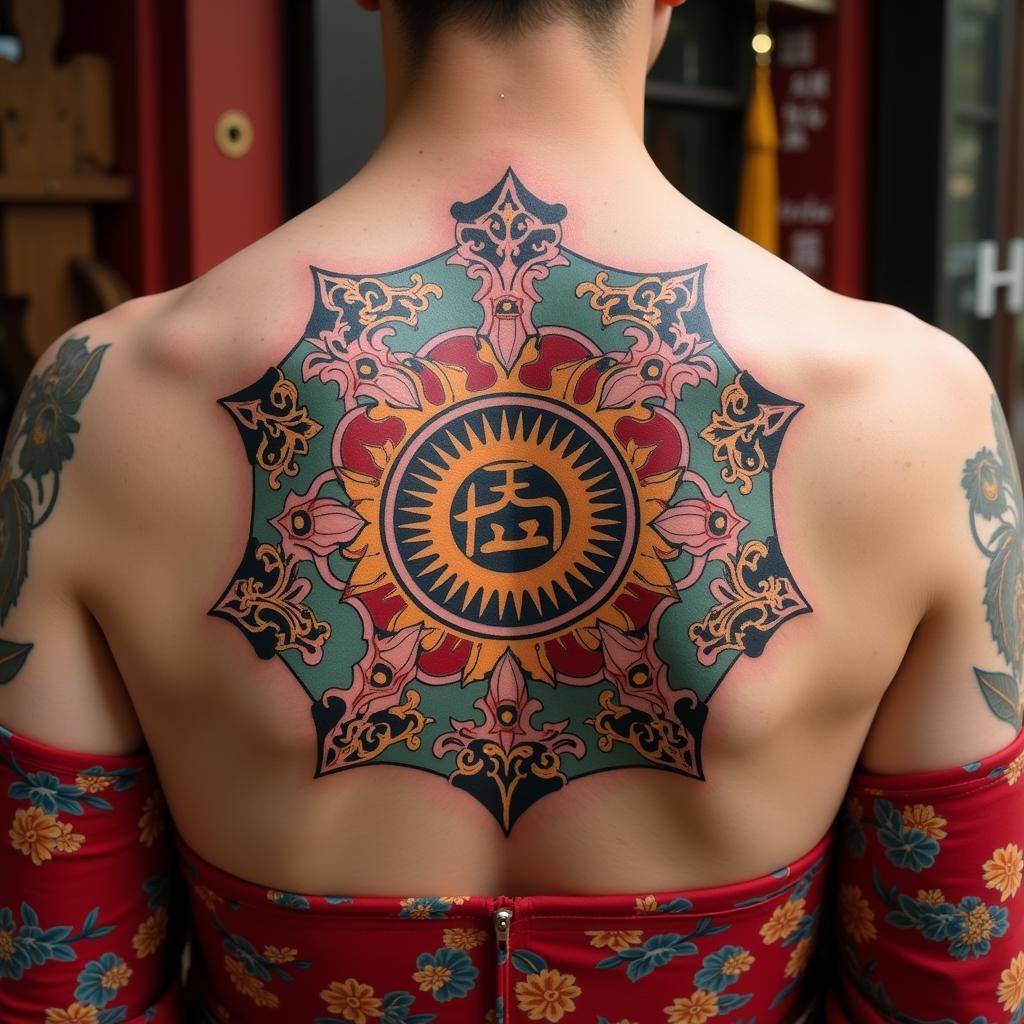 Hình xăm mandala sắc màu trên lưng, phong cách cổ điển, chi tiết rõ nét, ảnh HD.