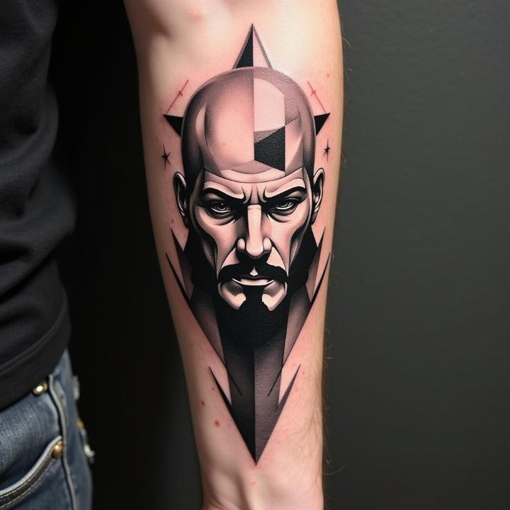 Hình xăm chân dung phong cách blackwork trên cánh tay, chi tiết sắc nét, độ phân giải HD.