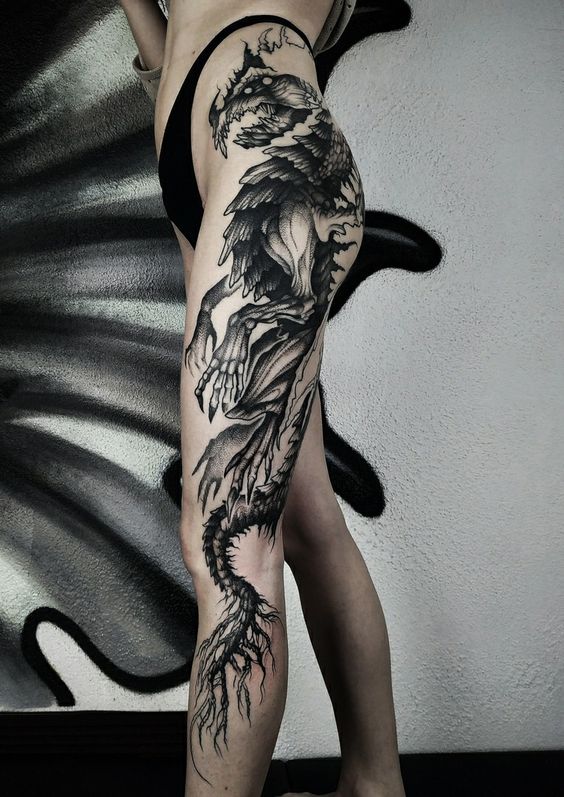 Hình xăm rồng trên chân, phong cách blackwork chi tiết, ảnh HD.