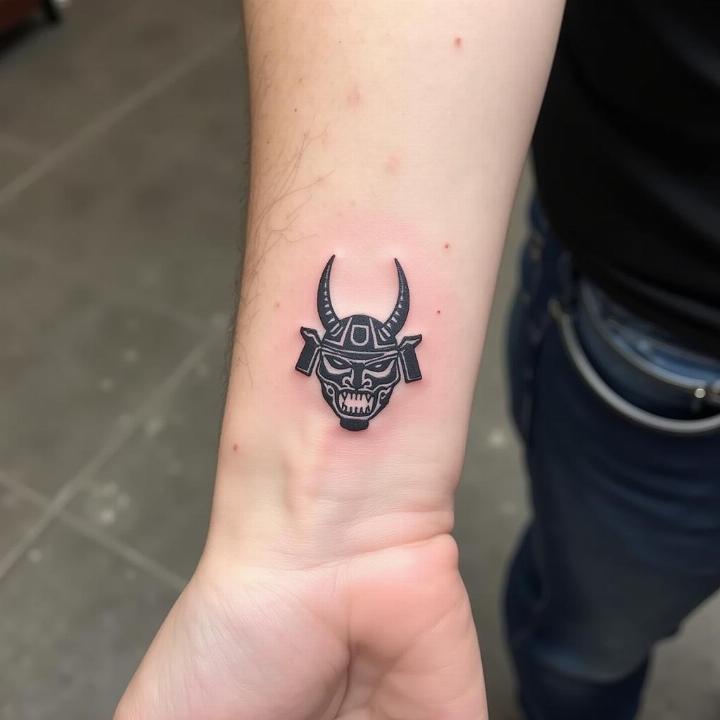 Hình xăm mặt nạ samurai mini trên cổ tay, phong cách blackwork chi tiết, ảnh chất lượng HD.