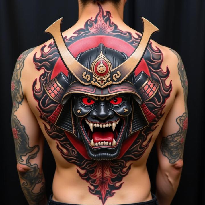 Hình xăm samurai chi tiết trên lưng, phong cách màu sắc, độ phân giải cao.