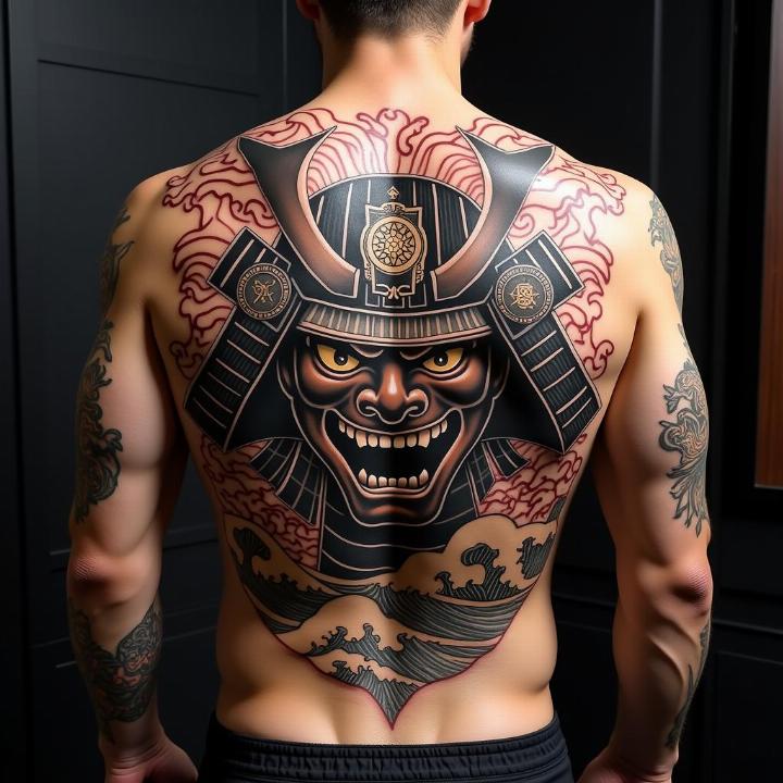 Hình xăm samurai phong cách cổ điển trên lưng, chi tiết cao, ảnh HD.