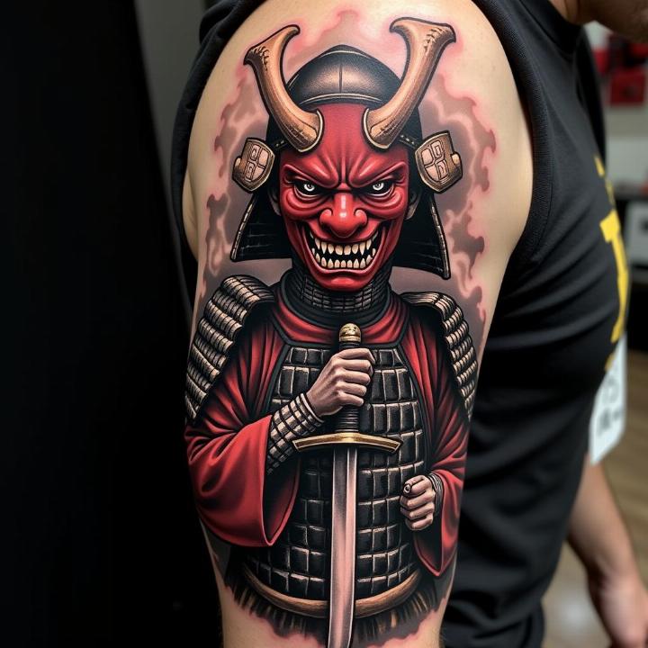 Hình xăm samurai phong cách màu trên bắp tay, chi tiết sắc nét, độ phân giải HD.