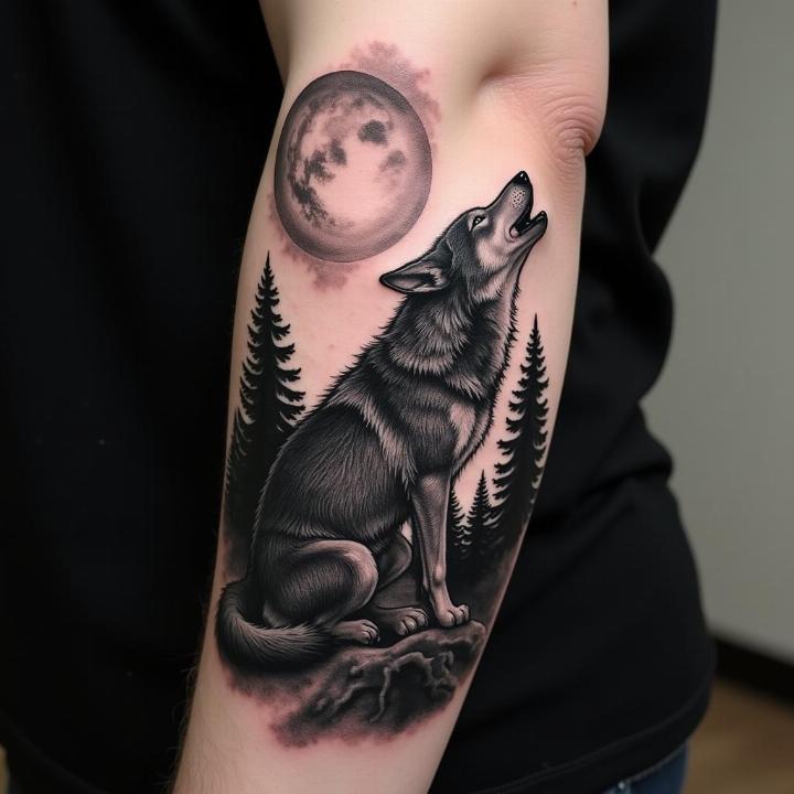 Hình xăm chó sói và trăng trên tay, phong cách blackwork, chi tiết rõ nét, độ phân giải HD.