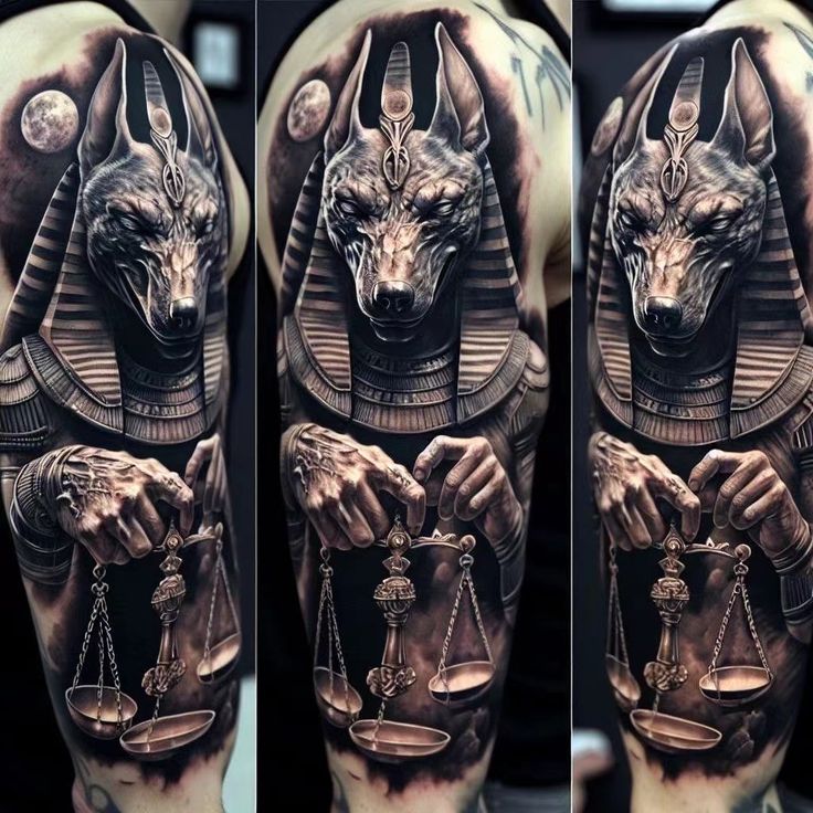Hình xăm Anubis trên tay, phong cách blackwork chi tiết cao, độ phân giải HD.