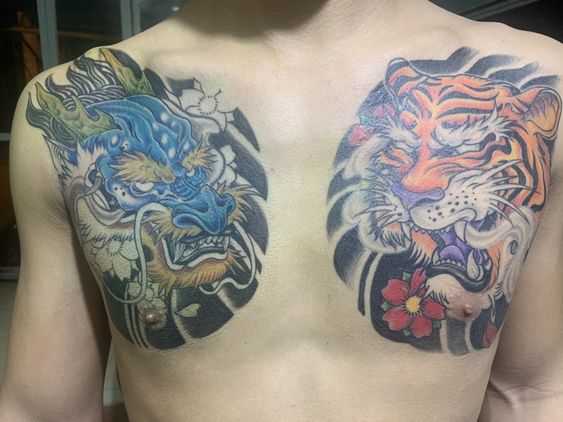 Hoàn thiện hình xăm hổ và rồng kết hợp hoa anh đào ở hai bên ngực Hình xăm rồng và hổ trên ngực, phong cách màu sắc chi tiết, ảnh HD.