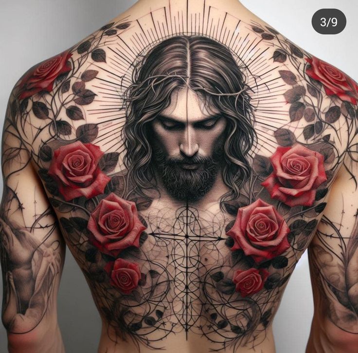 Hình xăm trên lưng chủ đề tôn giáo với hoa hồng phong cách blackwork, chi tiết cao, độ phân giải HD.