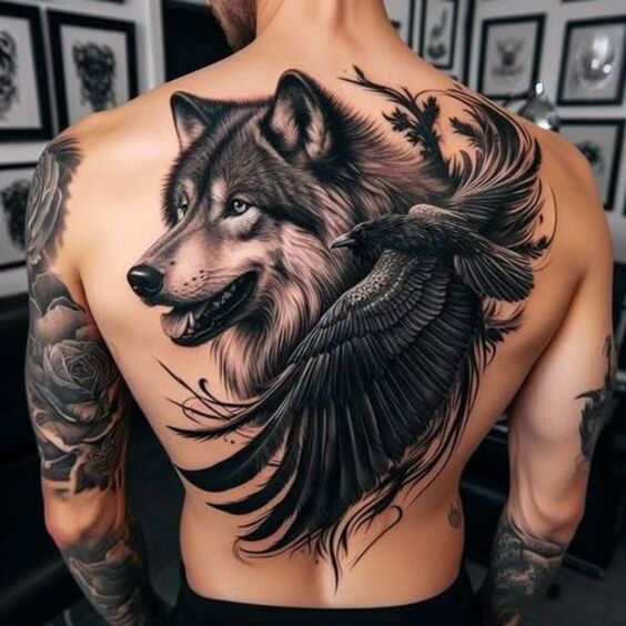 kết hợp xăm chó sói và quạ Hình xăm sói và quạ trên lưng, phong cách blackwork chi tiết, độ phân giải cao.