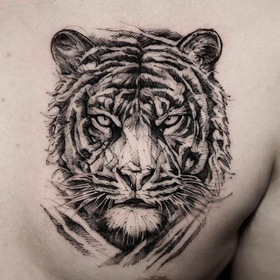 Hình xăm hổ trên ngực, phong cách blackwork chi tiết, độ phân giải HD.