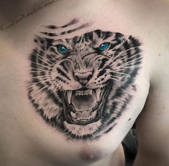 Hình xăm đầu hổ trên ngực, phong cách blackwork, chi tiết sắc nét, mắt xanh nổi bật.