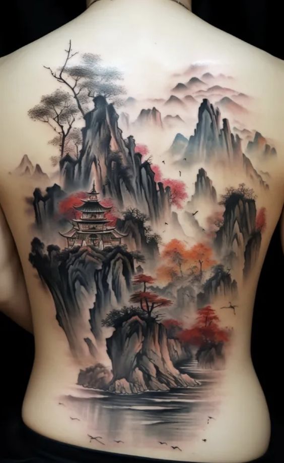 Hình xăm phong cảnh núi non trên lưng, phong cách màu nước, chi tiết tinh xảo, độ phân giải HD.