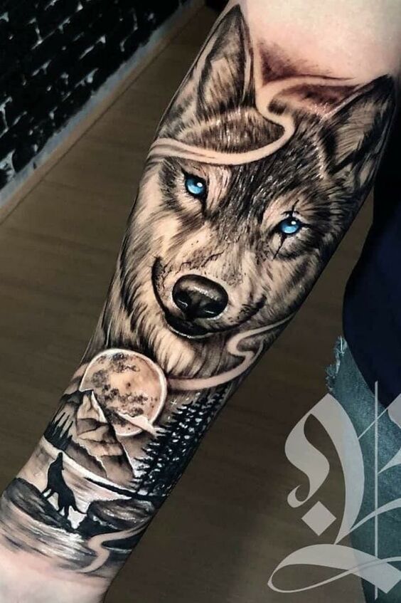 thiết kế hình xăm chó sói cuốn hút Hình xăm sói chi tiết ở cánh tay, phong cách blackwork, độ phân giải HD, với mặt trăng và cây cối.
