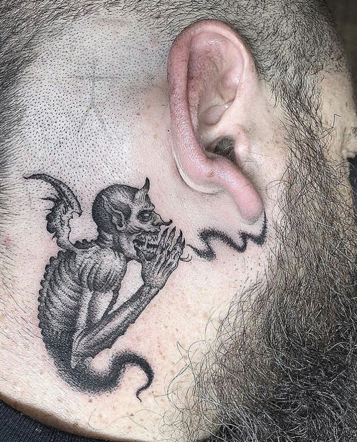 Hình xăm quỷ trên cổ, phong cách blackwork, chi tiết, độ phân giải HD.