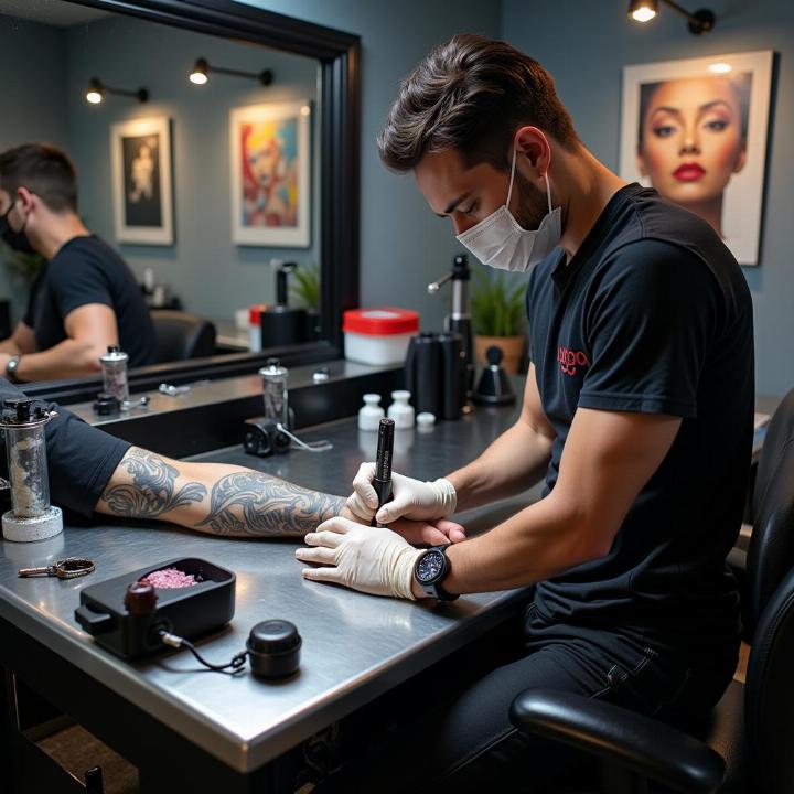 Nghệ sĩ xăm đang thực hiện hình xăm hoa văn trên cánh tay, phong cách blackwork, ảnh HD sắc nét.