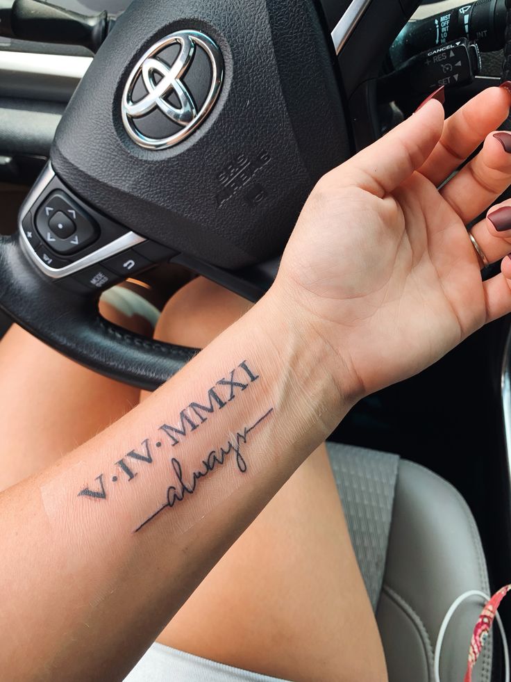 dãy số La Mã tinh tế trên cẳng tay Hình xăm chữ La Mã và chữ viết tay trên cổ tay, phong cách blackwork, ảnh độ phân giải cao.
