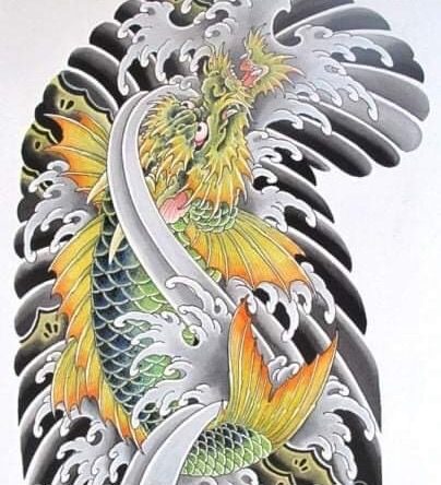 Hình xăm cá chép Nhật, phong cách cổ điển, chi tiết, vị trí lưng, độ phân giải HD.