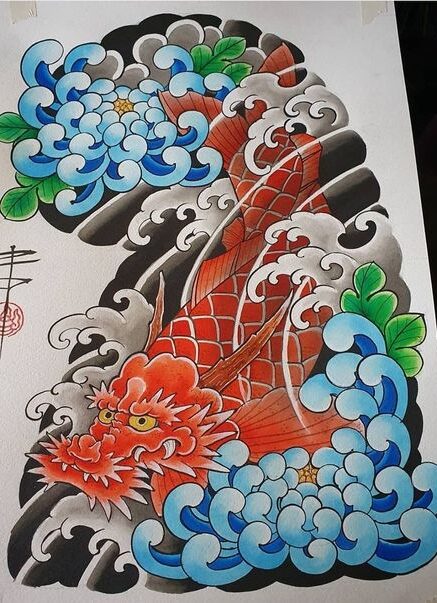 Hình xăm rồng và hoa phong cách cổ điển, chi tiết cao, độ phân giải HD.