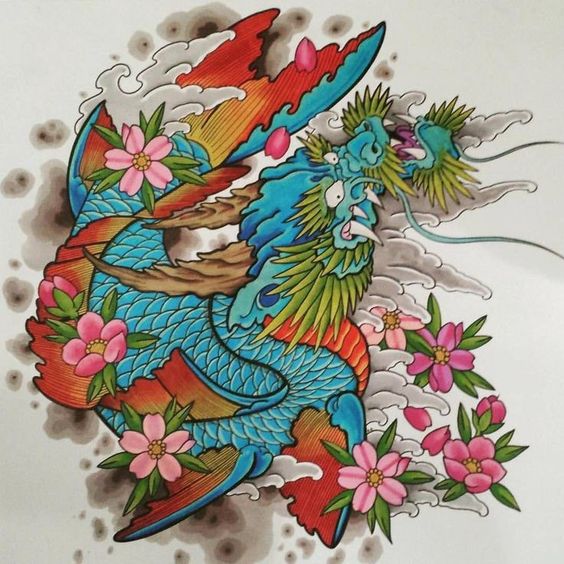 Hình xăm rồng màu sắc, phong cách cổ điển với hoa, độ chi tiết cao, vị trí không xác định, ảnh độ phân giải HD.