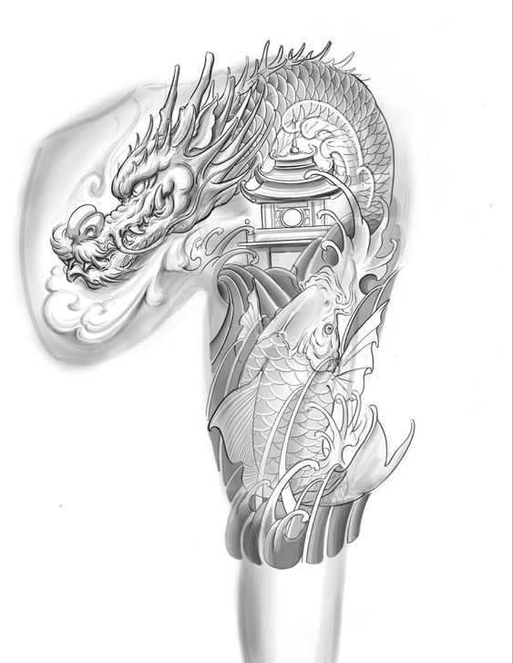 Hình xăm rồng và cá chép phong cách blackwork trên cánh tay, chi tiết cao, hình ảnh chất lượng HD.
