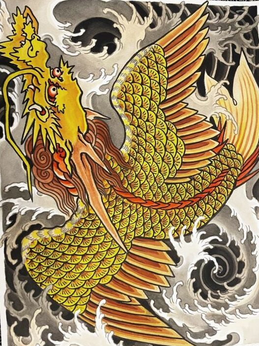 Hình xăm rồng phong cách cổ điển, chi tiết, màu sắc sặc sỡ, độ phân giải cao.