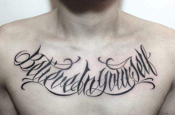 mẫu xăm chữ believe in yourself cực tỉ mỉ Hình xăm chữ nghệ thuật trên ngực, phong cách blackwork, chi tiết cao, ảnh HD.
