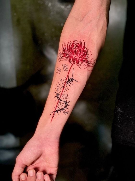 Hình xăm hoa và số trên tay, phong cách blackwork, chi tiết, độ phân giải HD.