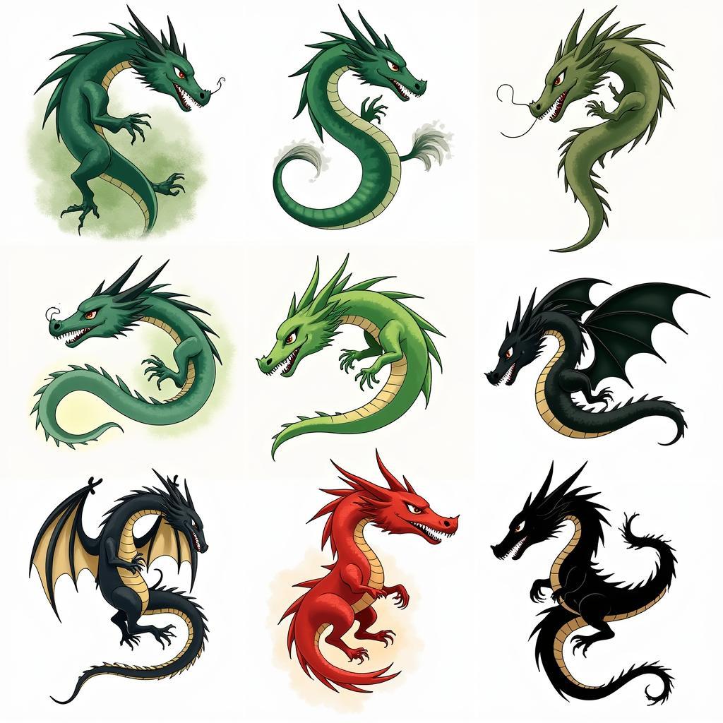 Các mẫu hình xăm Meliodas rồng Oroboros với nhiều phong cách và màu sắc khác nhau, thể hiện sự đa dạng trong thiết kế.