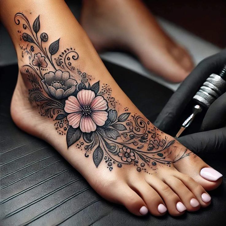 Hình xăm hoa trên chân, phong cách blackwork, chi tiết tinh xảo, độ phân giải HD.