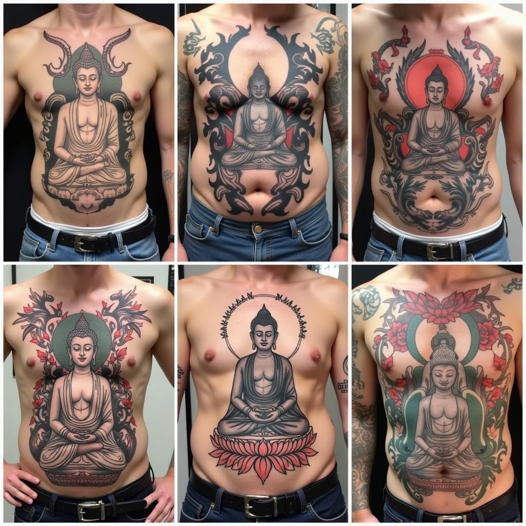 Hình xăm Phật trên ngực, phong cách blackwork, chi tiết cao, độ phân giải HD.