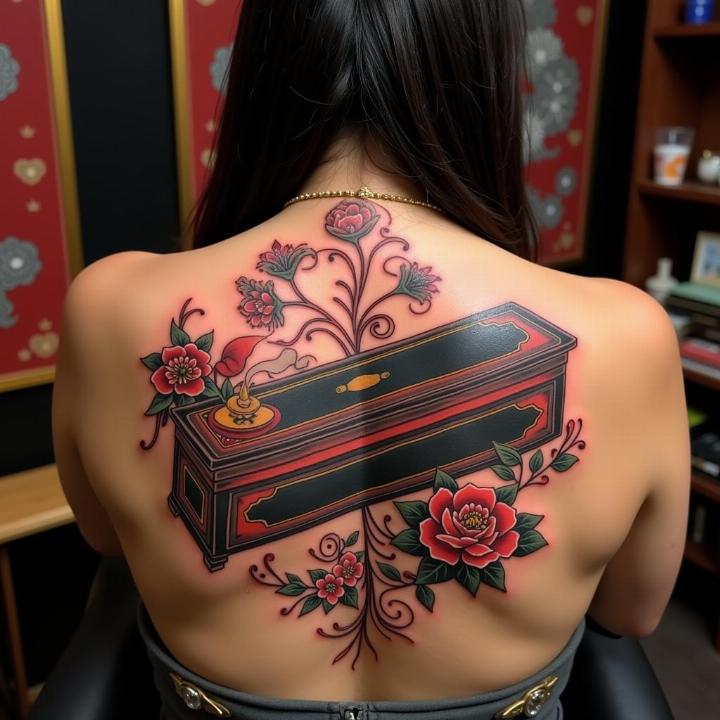 Hình xăm hộp và hoa trên lưng, phong cách cổ điển, chi tiết, độ phân giải HD.